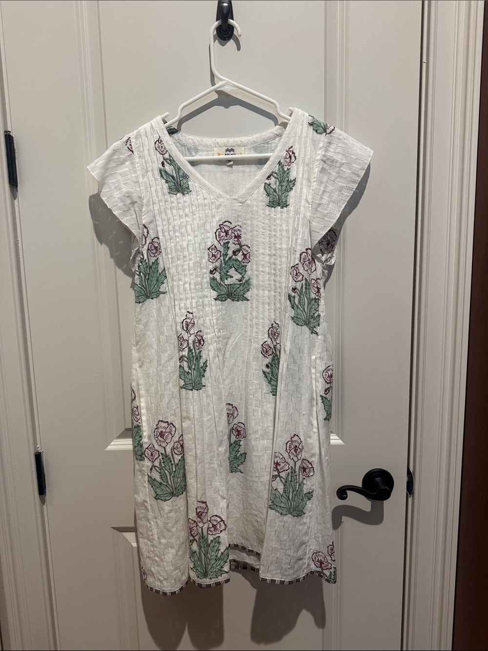 White Floral Mini Dress with Green & Pink Print